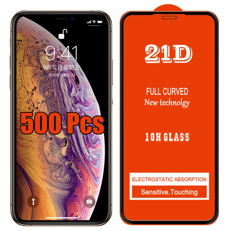 500 шт 21D полное покрытие клеем Закаленное стекло Защитная пленка для экрана iPhone 12