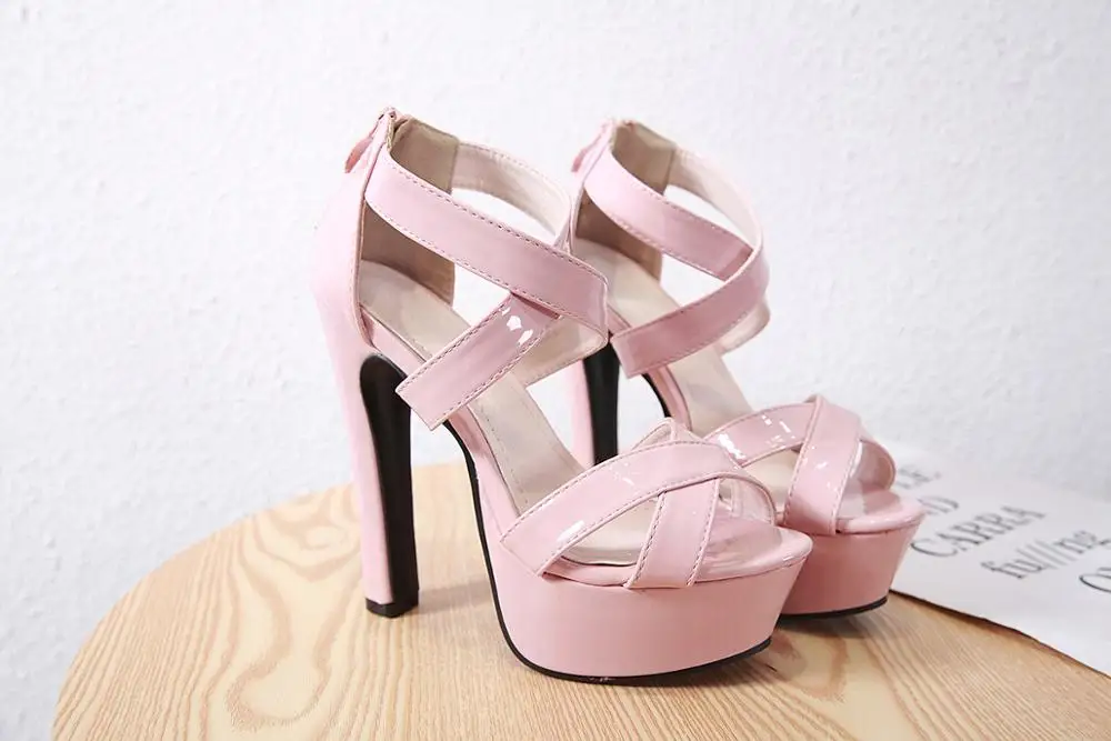 

NIUFUNI Women Cross Band Platform Sandals Sexy Ultra High Heels Black Patent leather Ladies Shoes Ankle Strap Party Dress Pumps