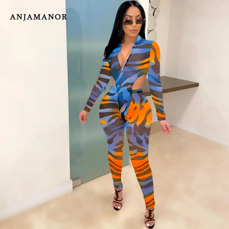 

ANJAMANOR Fashion Print Sheer Mesh Two Piece Sets Sexy Club Outfits Long Sleeve High Cut Bodysuit Leggings Matching Sets D42AD19