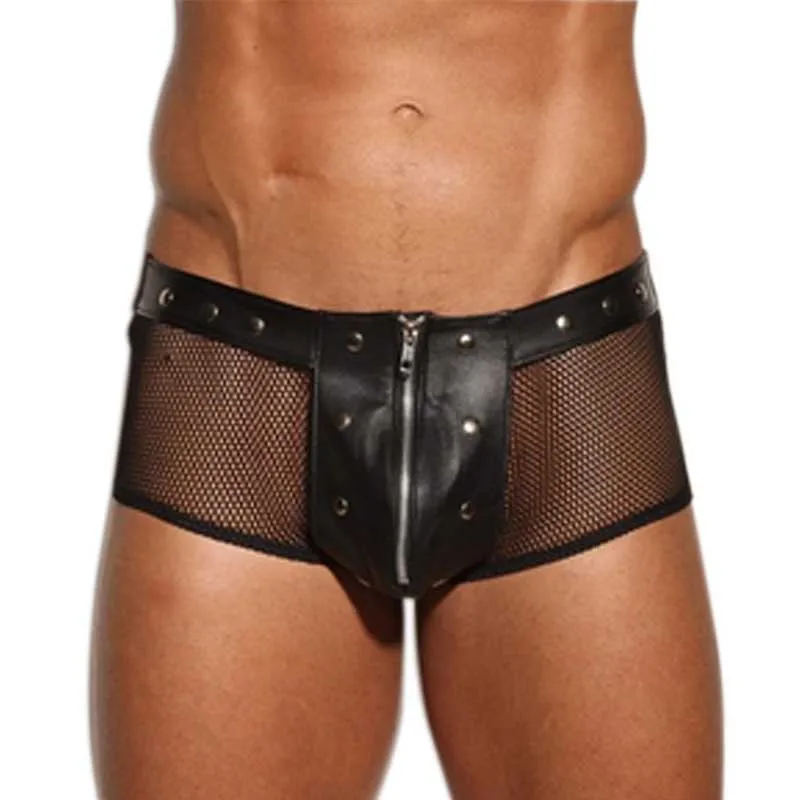 Трусы-боксеры мужские из искусственной кожи нижнее белье в стиле панк с молнией