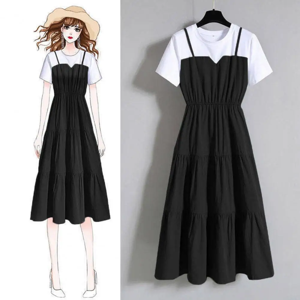 

Women Fashion Fake Two Piece Plus Size Summer Dress 2021 New Black O-neck Short Sleeve Patchwork Ruffle A-line Dresses For Women
