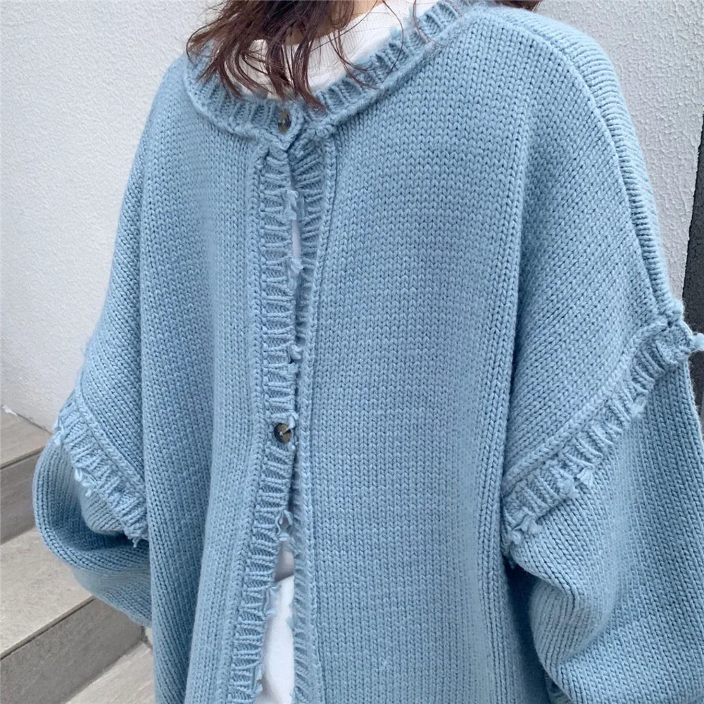 

New Autumn Two-wear Knitted Cardigan With Raw Edge Personality Simple Women's Loose Sweater Tide Trendy Female Fashion Tops