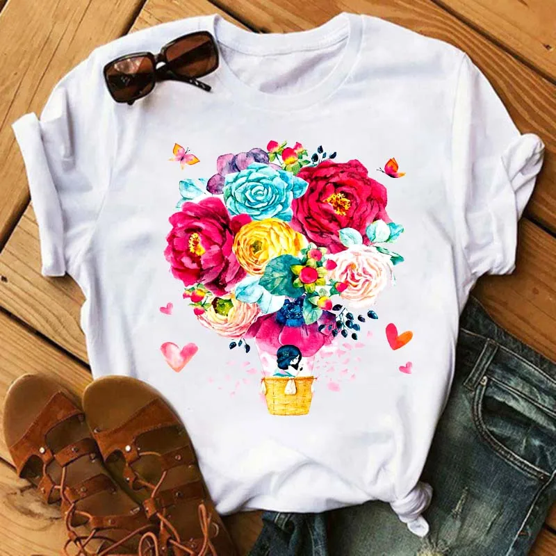 

Vogue Flower Women T Shirt Harajuku Hot Air Balloon Print Ladies T-shirt Summer New Loose Casual Plus Size Women Tops