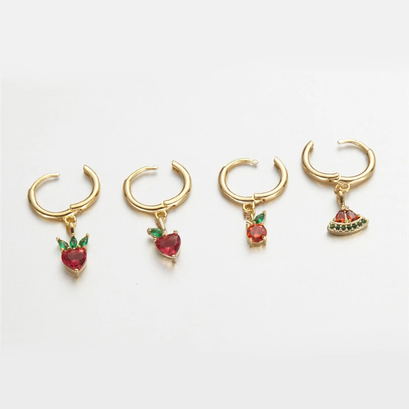 

Korea New Cute Fruit Lady Earrings 1pcs Banana Apple Peach Watermelon Hoop Earrings Colorful CZ Rhinestone Pendant Earrings Gift