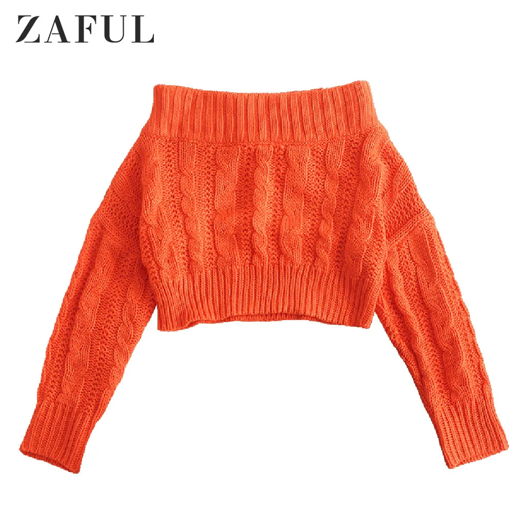 ZAFUL Chunky Cable Knit Off The Shoulder Neckline Sweater Long Sleeves Loose Striped Female Pullovers Elastic Autumn Winter Warm | Женская