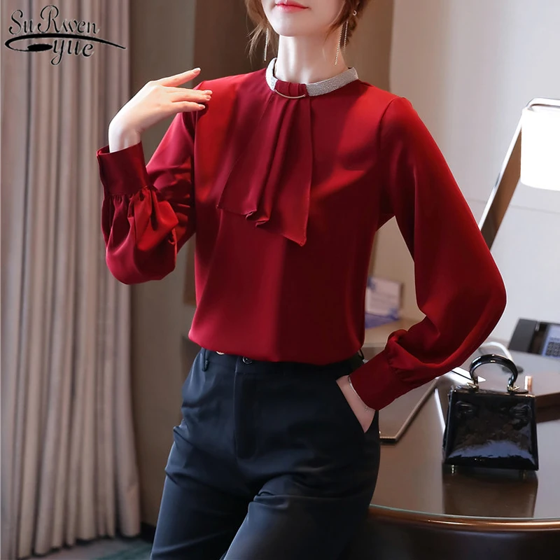 

Solid Woman Shirts Blusas Fashion Chiffon Blouse 2021 Autumn Long Sleeve Chic Spliced Women Blouses with Office Lady Style 10667