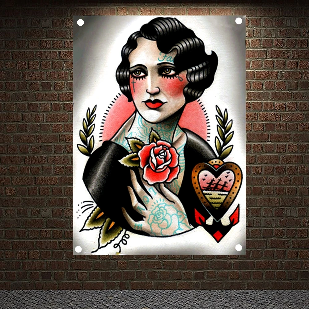 

Rose Fortune Tattoo Banners Vintage Canvas Painting Wall Art Print Posters Mural Hanging Flags 4 Gromments in Corners Home Decor