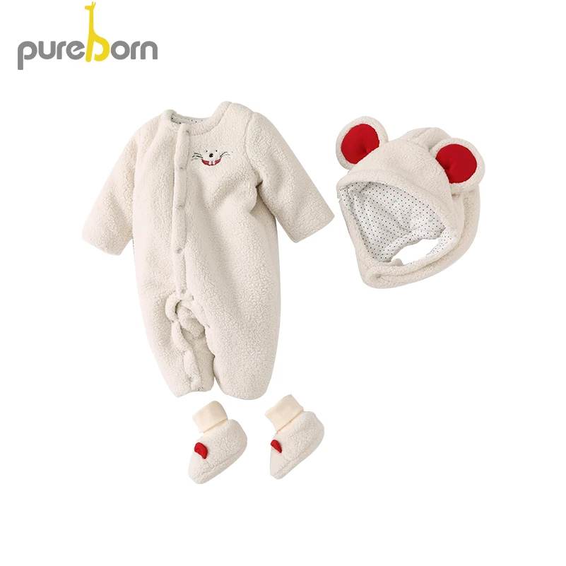 Детский комбинезон + шапка обувь Pureborn утепленный флисовый из 3 предметов Одежда