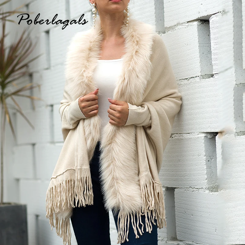 Женский вязаный кардиган с бахромой и искусственным мехом Свободный рукавами
