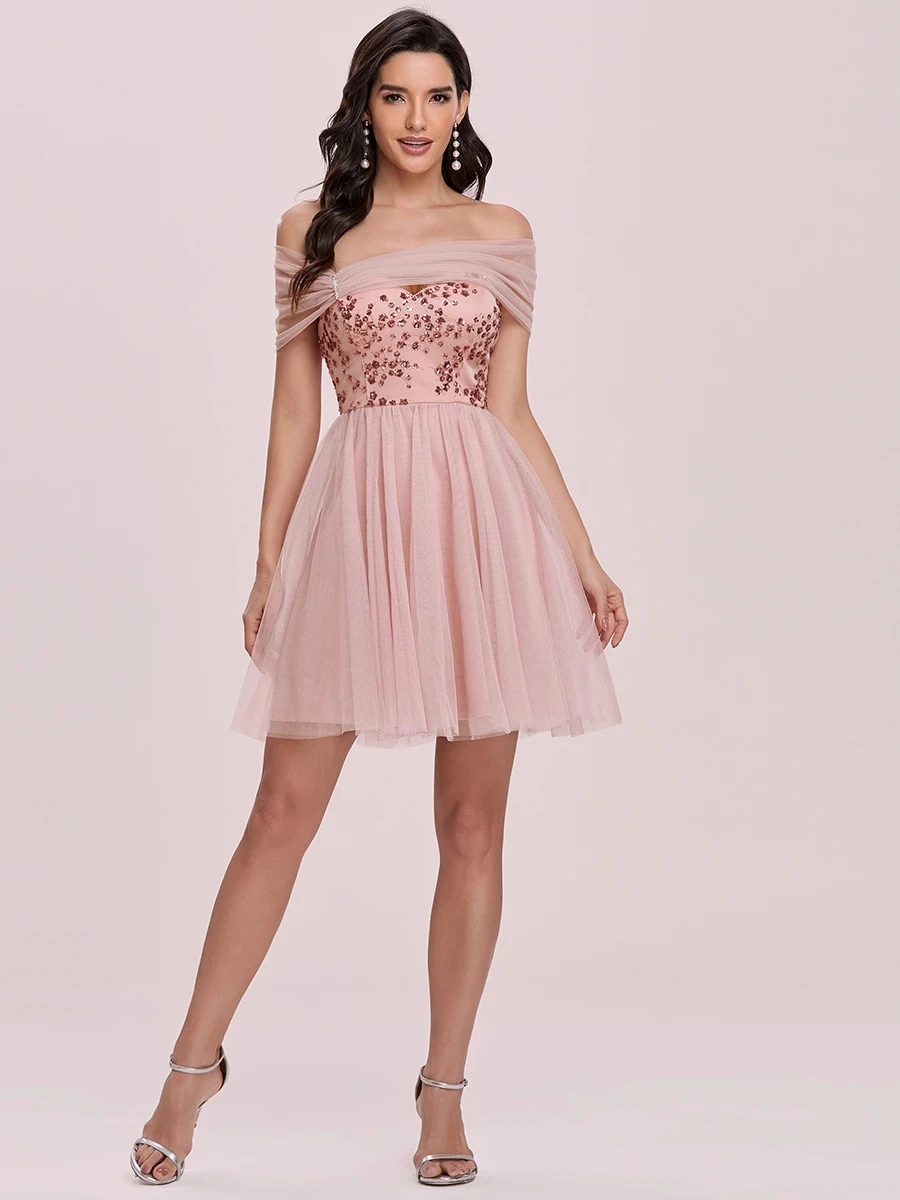 

Wholesale Off Shoulder Short Tulle & Sequin Prom Dress