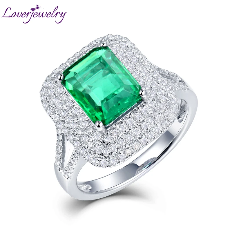 

LOVERJEWELRY Lady Rings Solid 18Kt White Gold Genuine Emerald Diamond Wedding Rings Natural Gemstone Fine Jewelry for Women Gift
