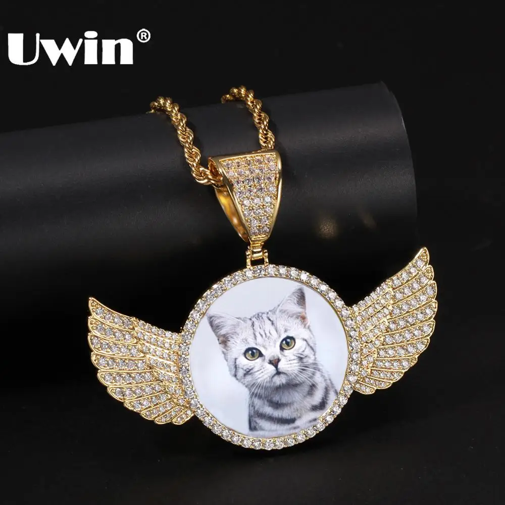 

UWIN Cubic Zirconia Custom Made Photo Pendant Necklace Soild Back Full Iced Out Wing Round Tag Hiphop Jewelry Gifts