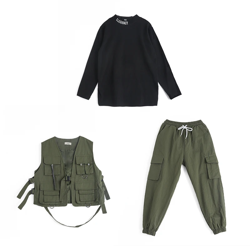 Kid Army Green Tactival Vest Top Waist Coat Casual Hip Hop Pants Clothing Stripe Shirt for Girls Boys Dance Costume Clothes Wear | Детская