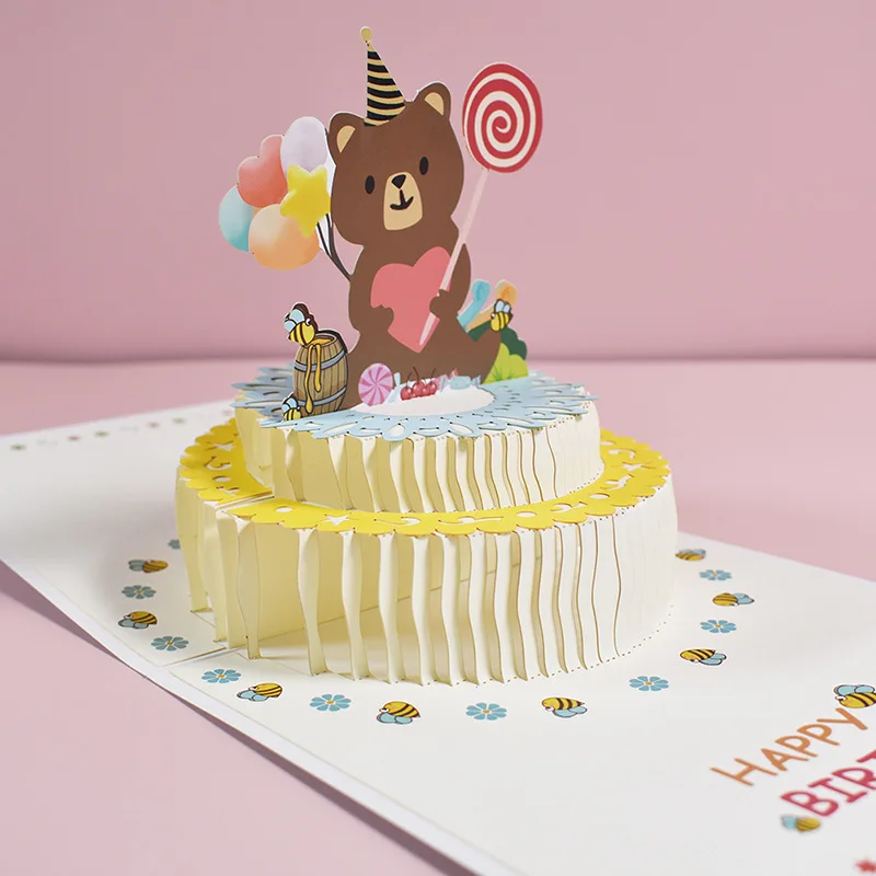 

3D Folding Type Pop Up Laser Cut Card Bear Birthday Cake Anniversary Gift Paper