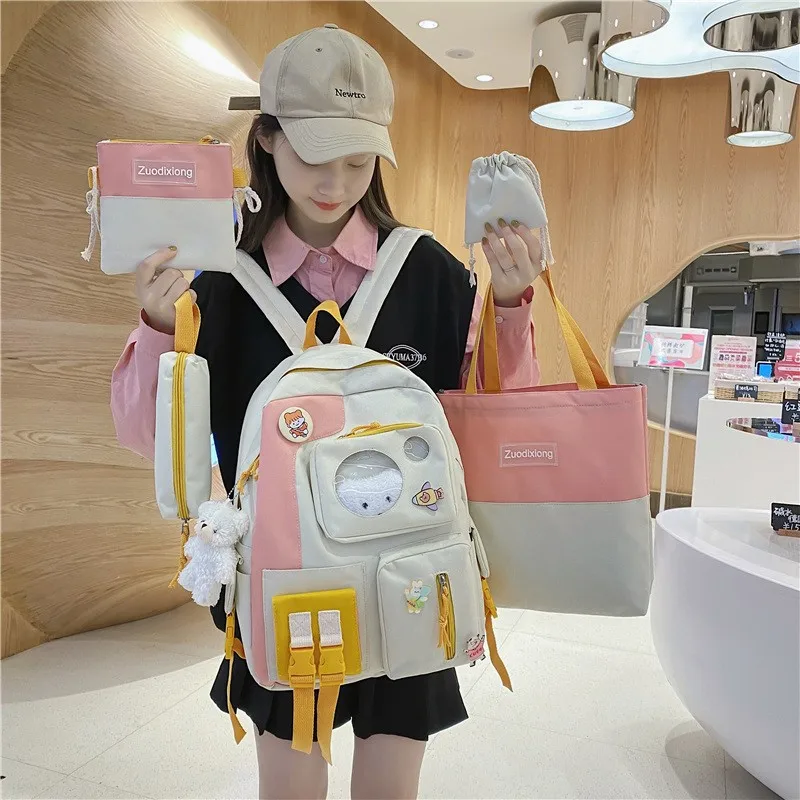

5-piece Fashion Women Backpack Trend Pendant School Bag For Girls Large-capacity Waterproof Student Shoulder Bags Knapsack
