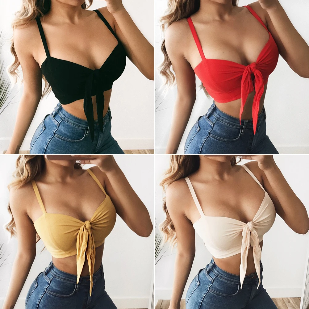 

2020 Summer Bow Tie Camis Crop Tops Women Girls Solid Short Tanks Tops Sleeveless Strap Casual V neck Sexy Camis Vest