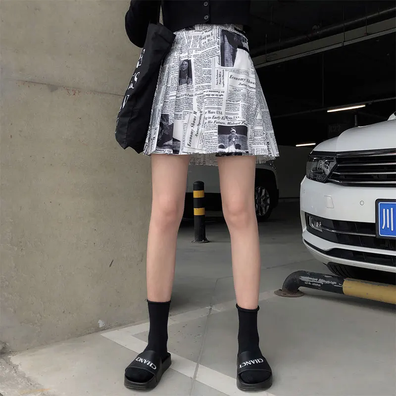 Женская юбка с высокой талией SML летняя мини-юбка принтом газет в стиле преппи
