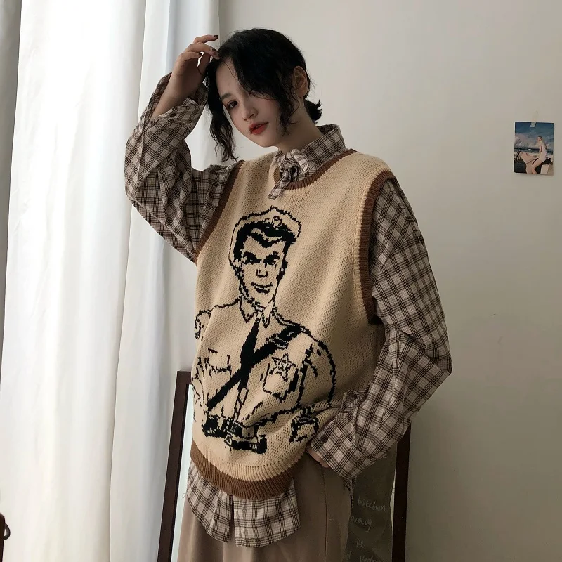 Vintage Cartoon Printed Knitted Sweater Vest Casual Sleeveless Loose Pullover Tank Tops Female Oversized Pullovers Femme