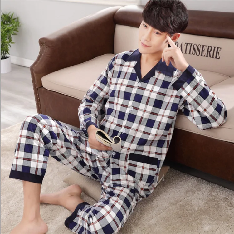 Double-Sided for Autumn and Winter Men Pajamas Korean Cardigan Turndown Collar Print Long Sleeve Long Pants Homewear Set