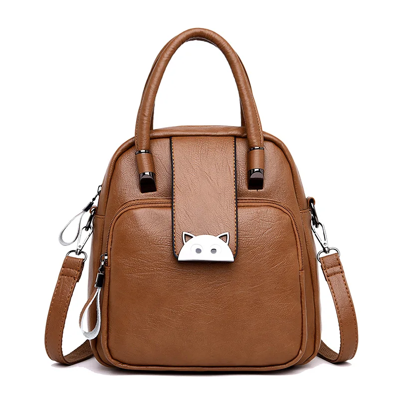 Brown Женский металлический кожаный рюкзак женский рюкзак Mochila Feminina Повседневная многофункциональная женская сумка на плечо Sac A Dos дорожная сумка - Цвет: Brown
