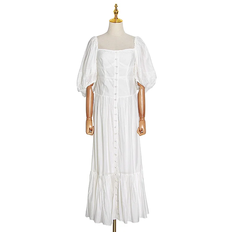 

Fashion square collar bubble sleeve single-breasted holiday dress for women