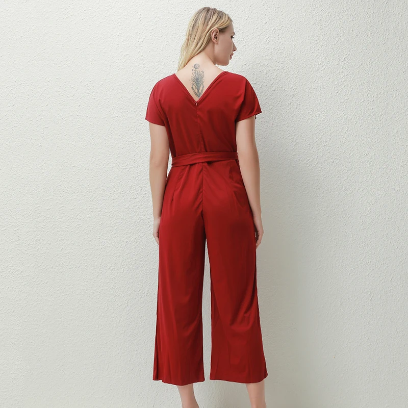 

Womens Deep V-Neck Overalls Streetwear Spring Summer Lace Up Bandage Rompers Female Short Sleeve Wide Leg Pants Solid Jumpsuit