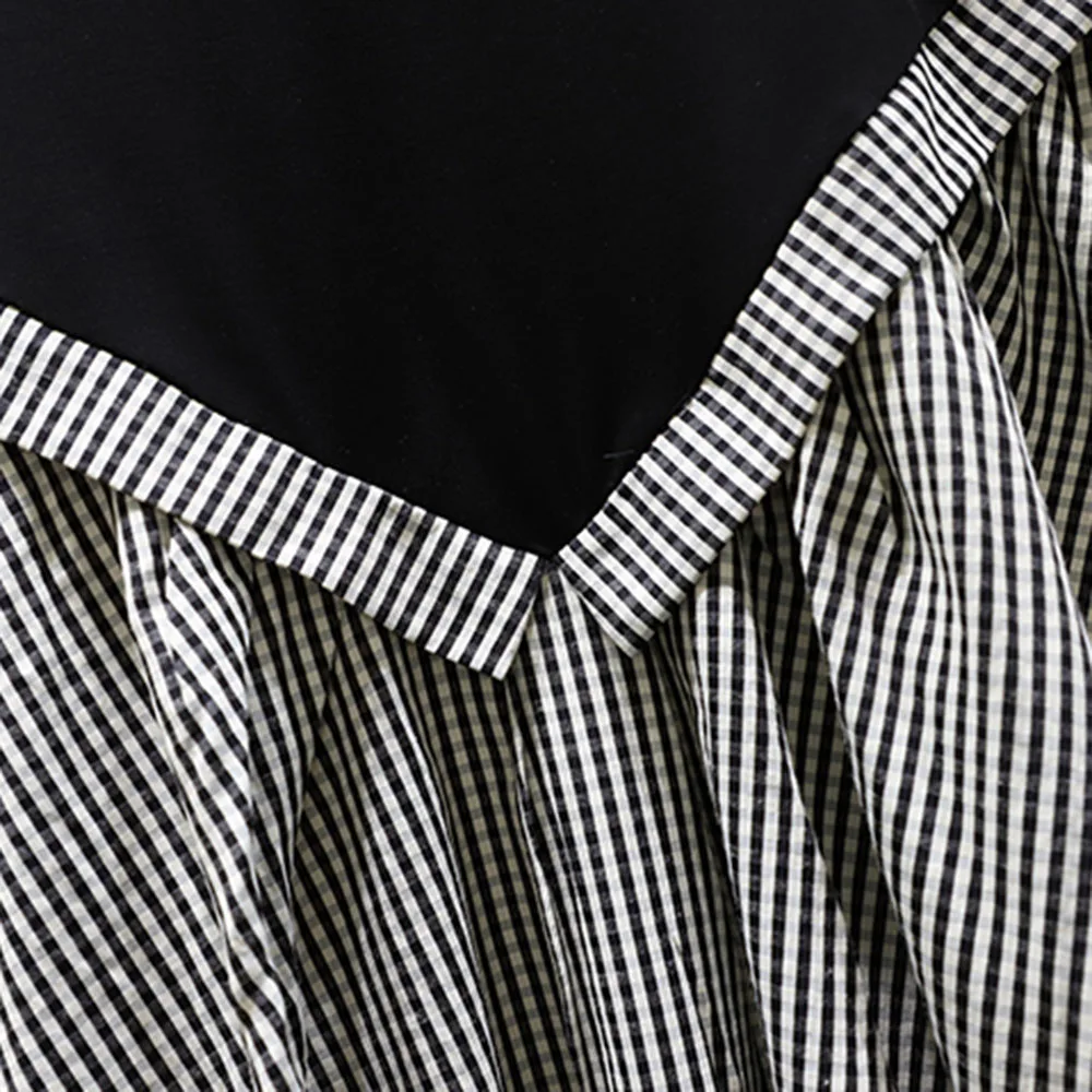 

2021 Summer New Oversize Japanese Style Loose Loose Blouse Lattice Color Contrast Splicing Round Neck Summer