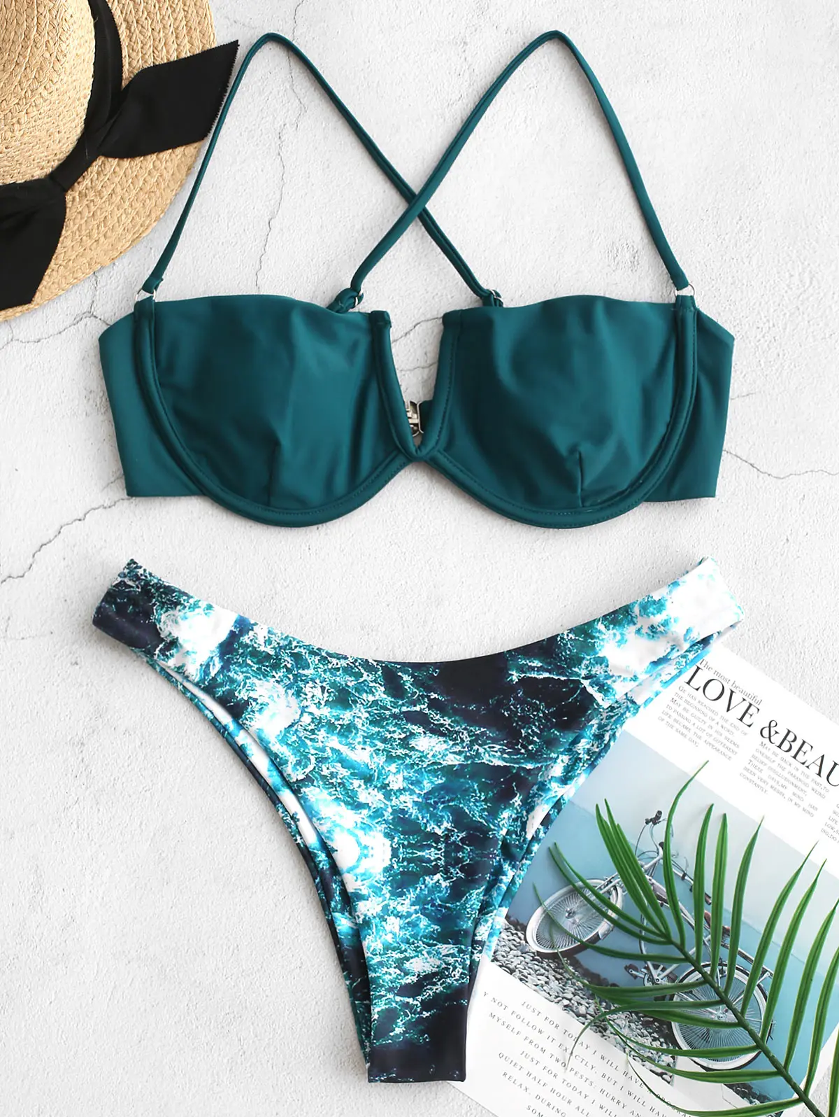 Zaful, треугольный вырез, на косточках, с принтом морской воды, с высокой посадкой, Купальник бикини для девочек, mujer, мраморный Павлин, синий,, новая мода