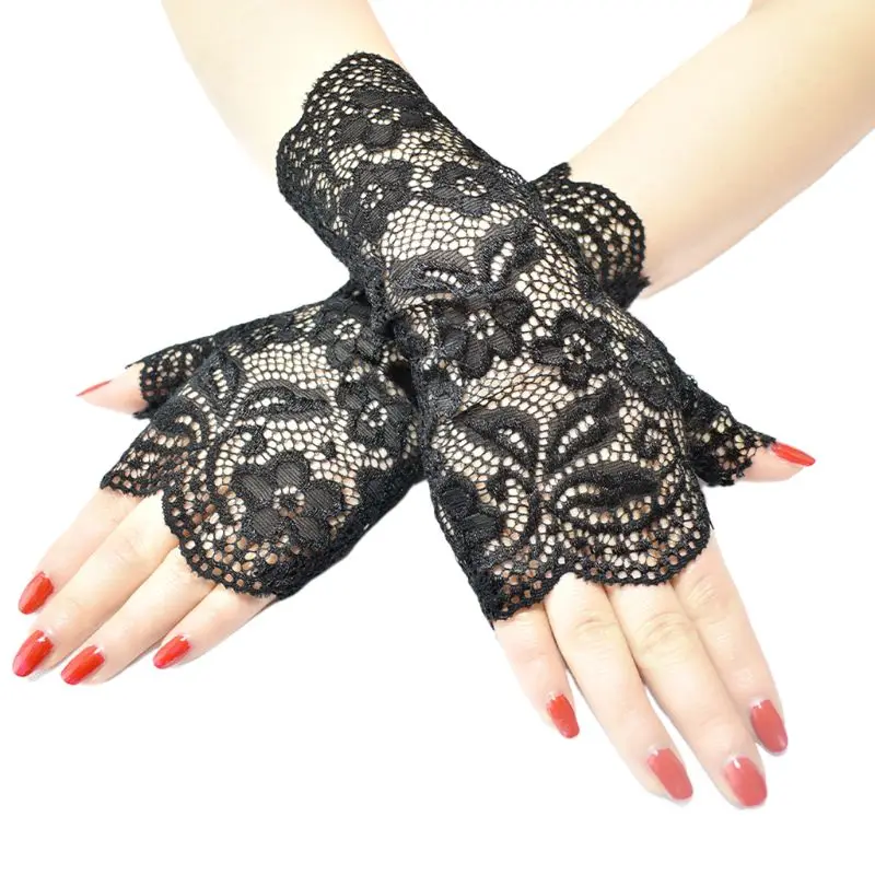 

Women Wedding Party Sexy Sheer Mesh Fingerless Gloves Embroidery Jacquard Floral Lace Shiny Sunscreen Driving Mittens