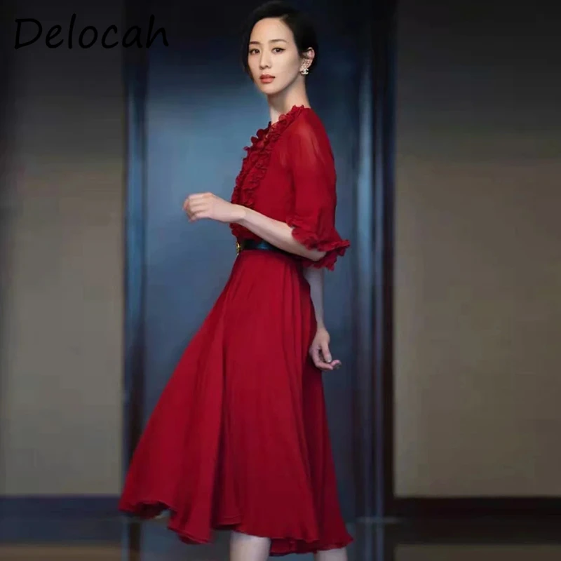 

Delocah/Новинка 2021 года; Сезон лето; Женские модные дизайнерские вечерние платья трапециевидной формы с рукавами-бабочками и поясом; Красные же...