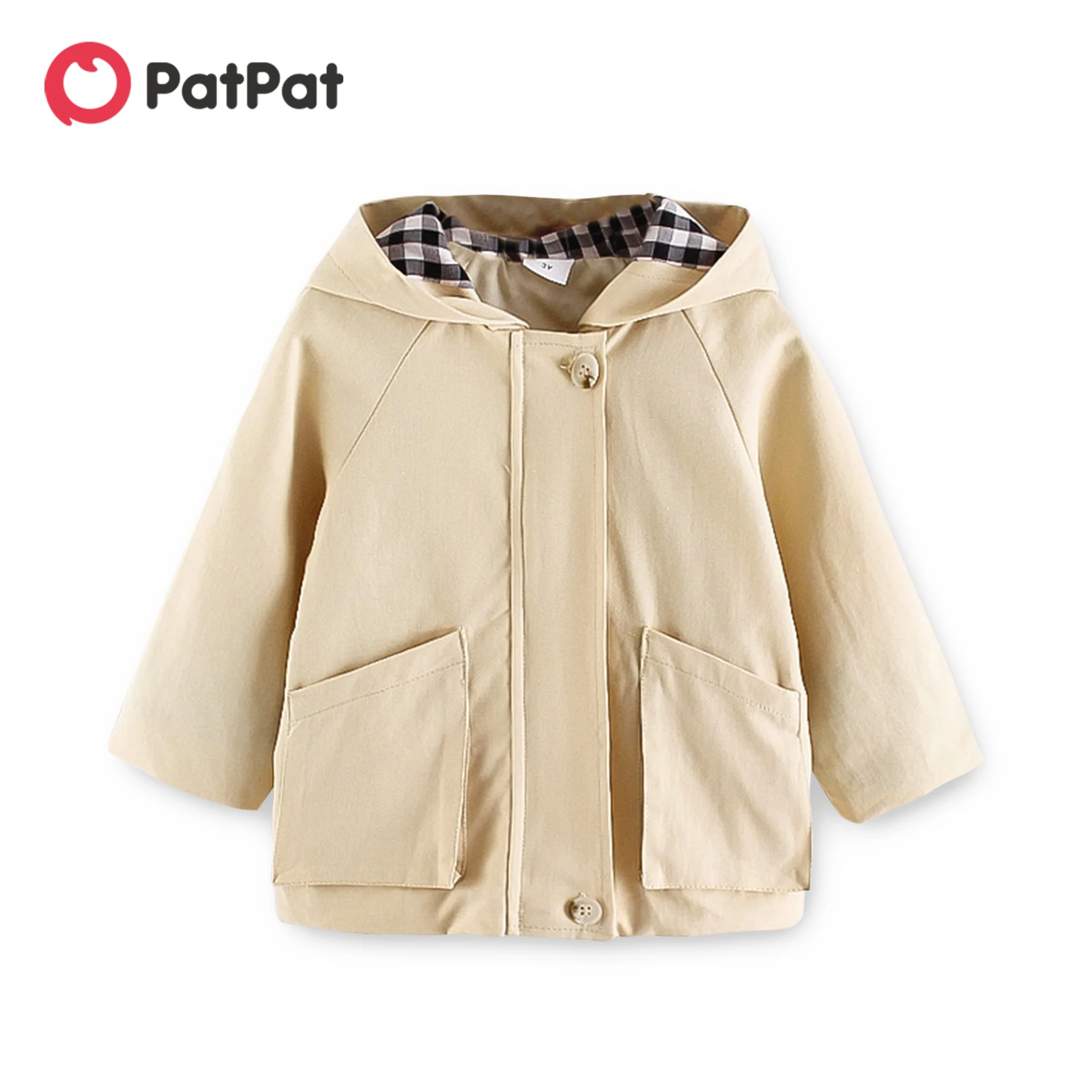 

PatPat Toddler Boy 100% Cotton Button Design Plaid Lined Hooded Trench Coat