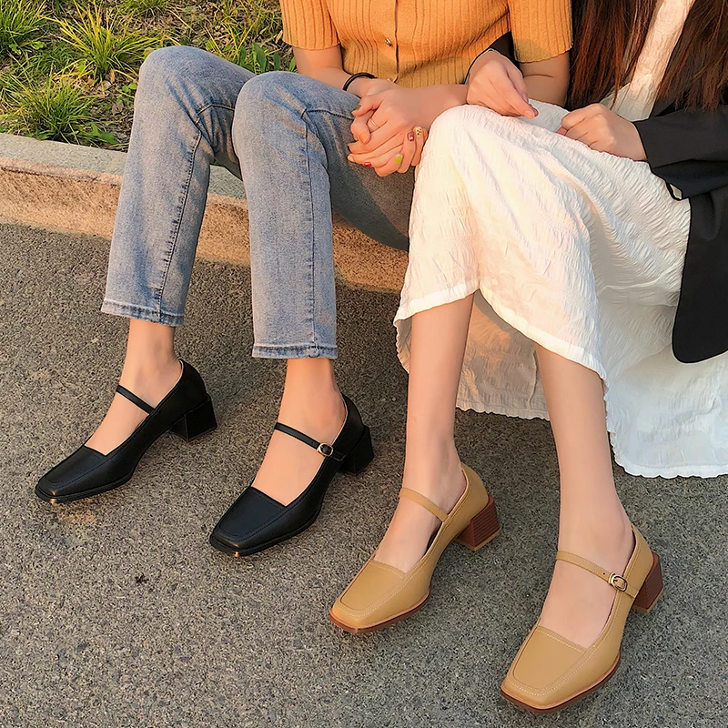 

Туфли-лодочки женские EOEODOIT, кожаные, на среднем каблуке, с квадратным носком, с пряжкой, весенне-летние