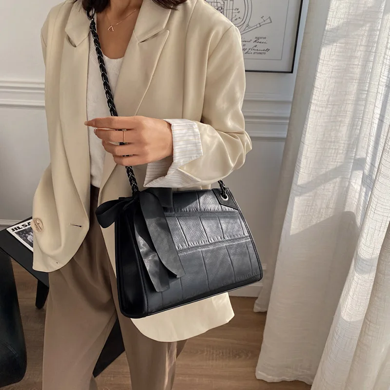 

PU Leather Handbags For Women 2021 Designer Vintage Shoulder Crossbody Bags With Stone Pattern Bow Solid Color New Fashion Tote