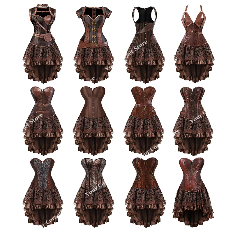 Steampunk Pirate Costume Women Corset Dress Skirt Lace Up Plus Size Zipper Faux Leather Corset Dress Brown Pirate Costume