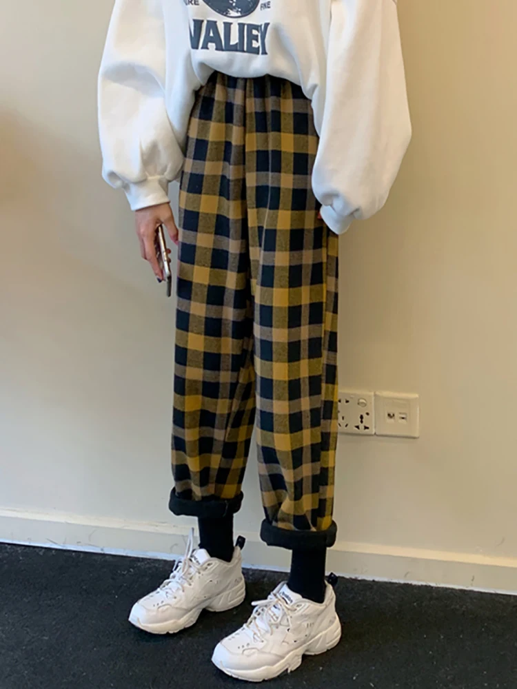 

Plaid Pants Women's Autumn and Winter 2020 New Plus Velvet Thickening High Waist Slimming All-match Loose Straight Casual