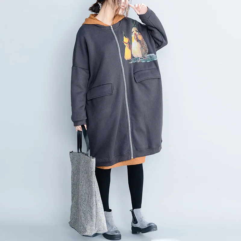 Johnature Korean Fashion Women Long Print Coat Autumn Winter New Casual Loose O-neck Zipper Wide-waisted Cartoon Outerwear