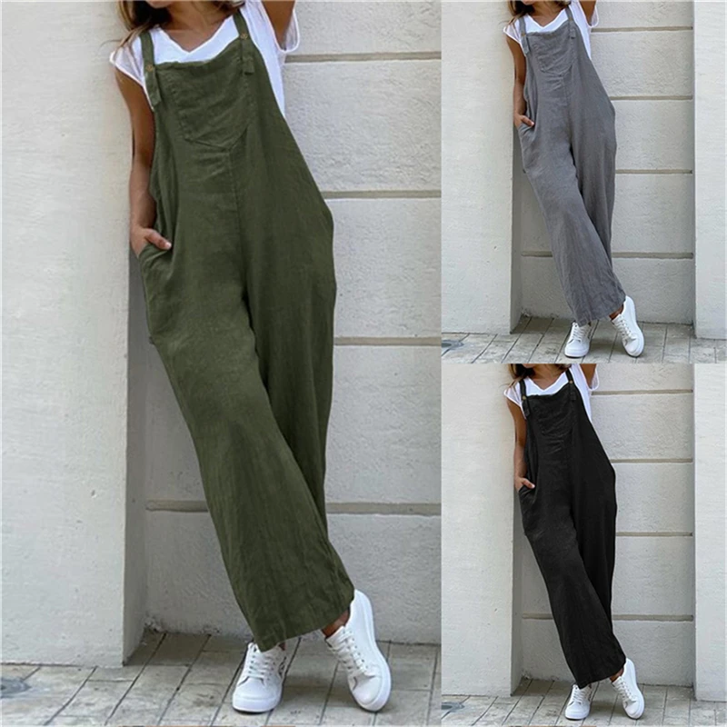 

Women's Fashion Summer And Autumn Casual Jumpsuit Long Suspender Overalls Bib Pants Wide Leg Playsuit S-2XL Wholesale