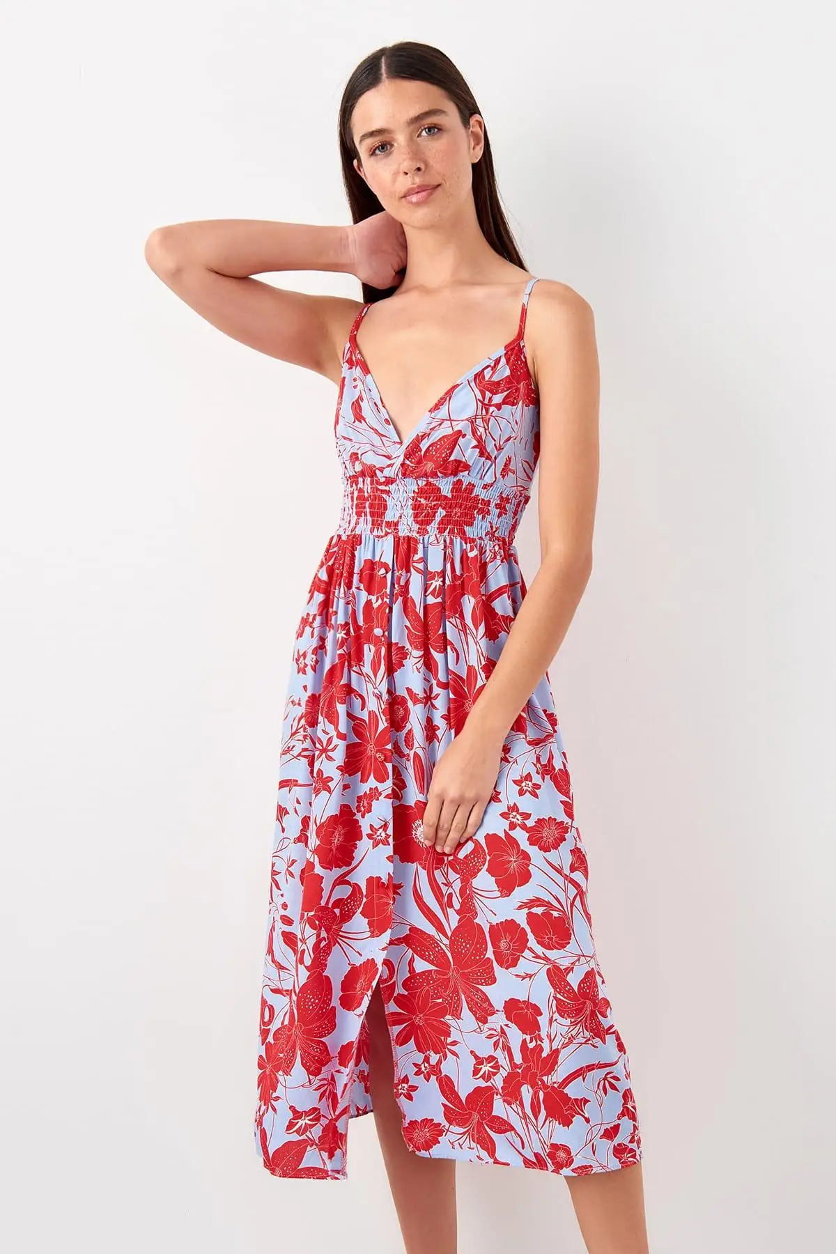Trendyol Mavi Beli Gipeli Цветочное платье TBESS19EL0539|Женские платья| |