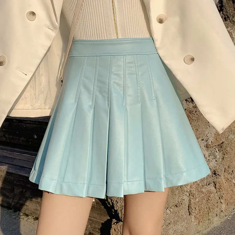 

Short Pleated PU Green Skirts for Women Dancer Harajuku Black Skirts moda mujer 2020
