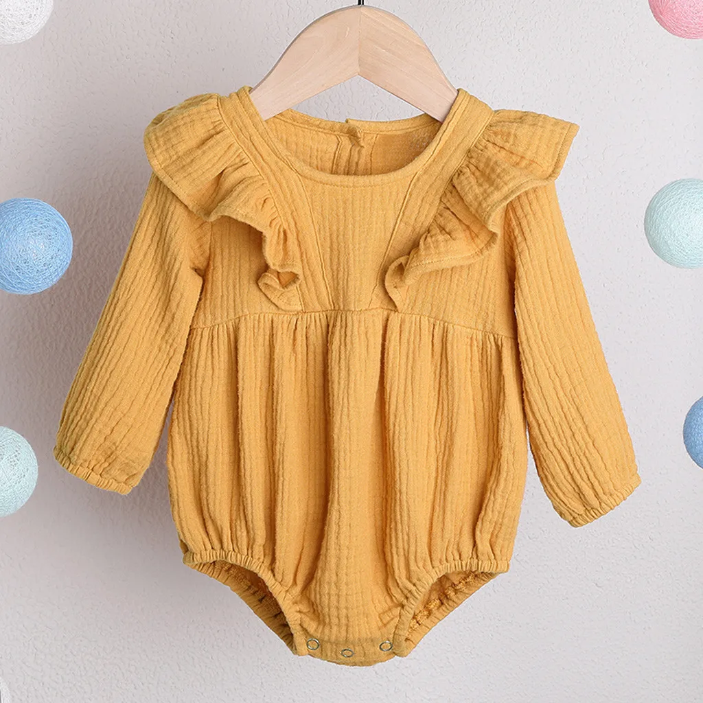 Kid Winter Clothes Newborn Infant Baby Boys Girls Solid Linen Button Ruffle Romper Roupas Long Sleeve Children Clothing | Мать и ребенок