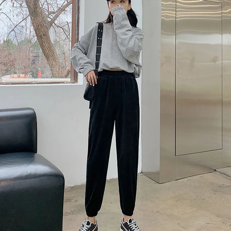 

Corduroy Ankle Banded Solid Loose Women Pants High Waist Pockets Ankle-length Sweatpants Trousers 2021 Spring Fashion Casual New