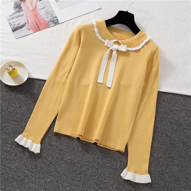 

Women Sweaters and Pullovers Ladies Cute Knitwear Tops Oversize spring Autumn Winter Bow Collar Knitted Pull Femme Long sleeve