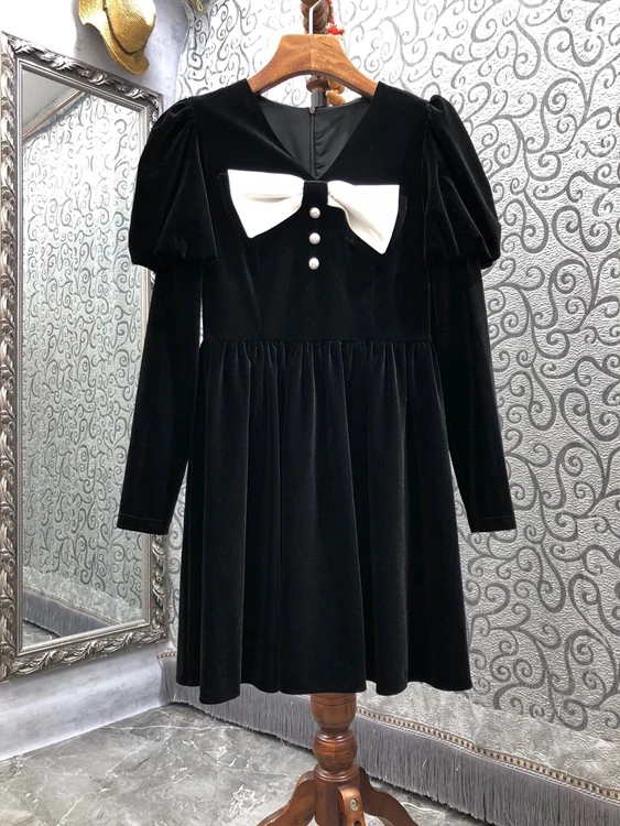 

2021 new women fashion velvet bow exquisite slim dress 1124