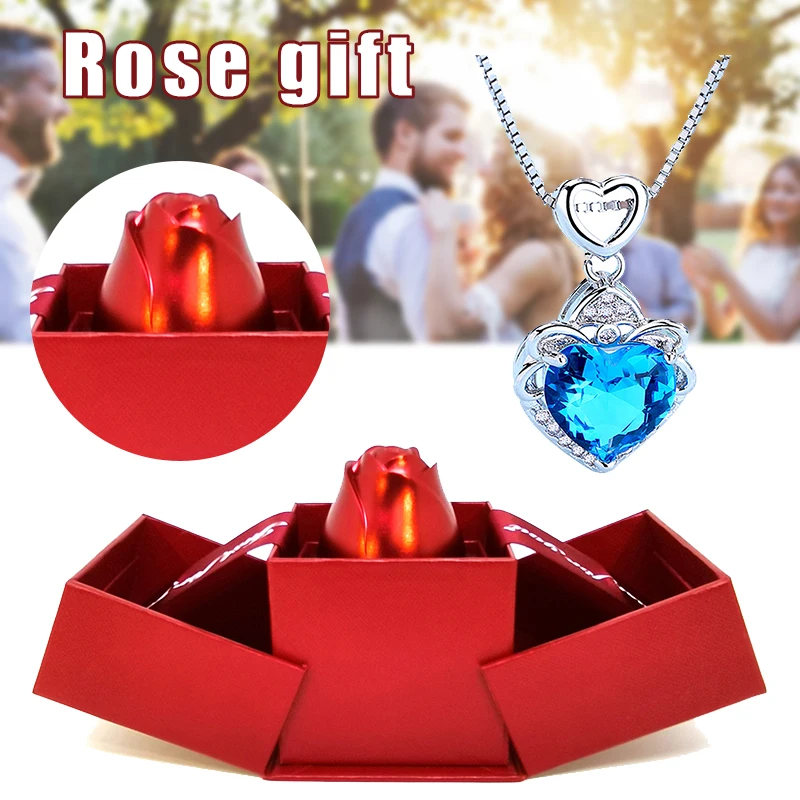 

Rose Jewelry Storage Box Elegant Crystal Pendant Necklace Romantic Valentine's Day Gift for Women Girls TH