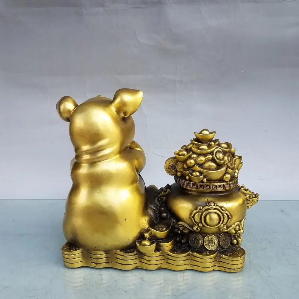 

Home Decor 9" Chinese Seikos Brass Cornucopia pig statue Lucky pig ingot pot carving Implication Lucky fortune