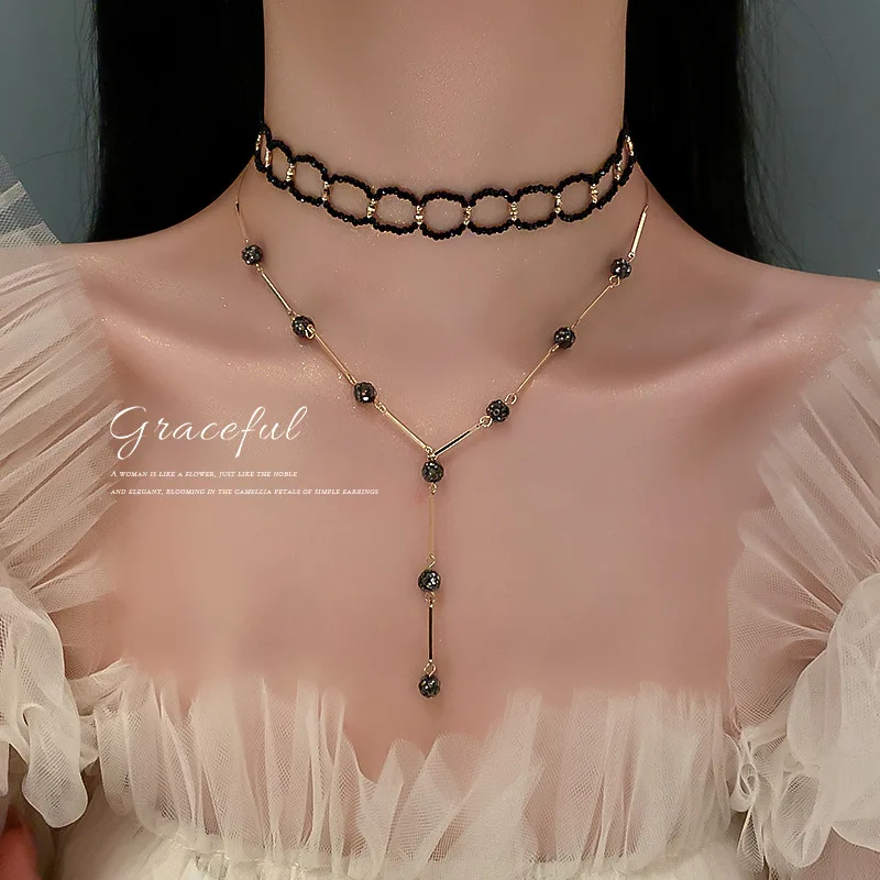 

Korean Dongdamen Neckchain New Hip Hop Black Rice Bead Necklace Net Red Temperament Design Sense Clavicle Chain Female