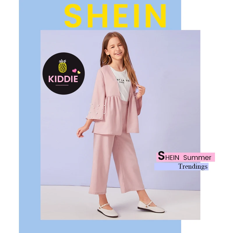 SHEIN Kiddie/розовое пальто с манжетами и широкими штанинами для девочек, комплект детской одежды г., Осенний повседневный костюм с длинными рукавами и оборками