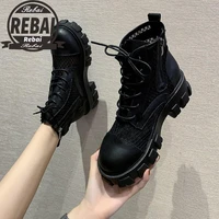 classic women thick bottom black mesh summer boots round toe zipper lace up platform shoes woman high heels ankle botas white