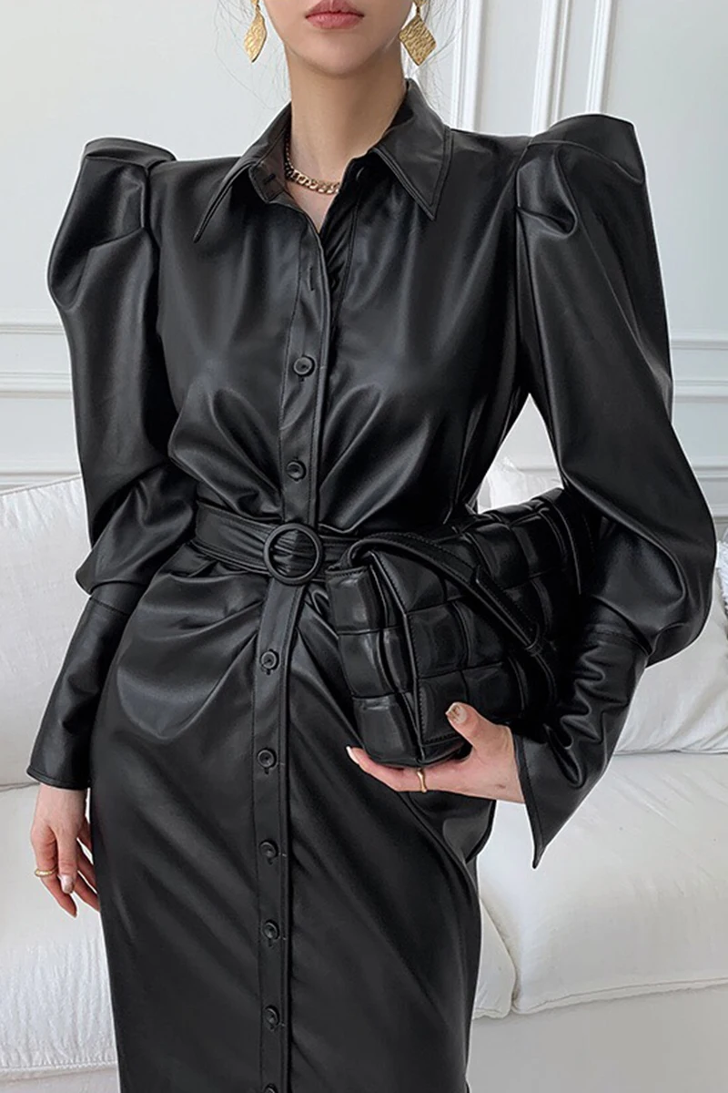 

High-quality temperament lapel adjustable belt Long leather Dress Side slit puff sleeve PU leather motorcycle Dress black Dress