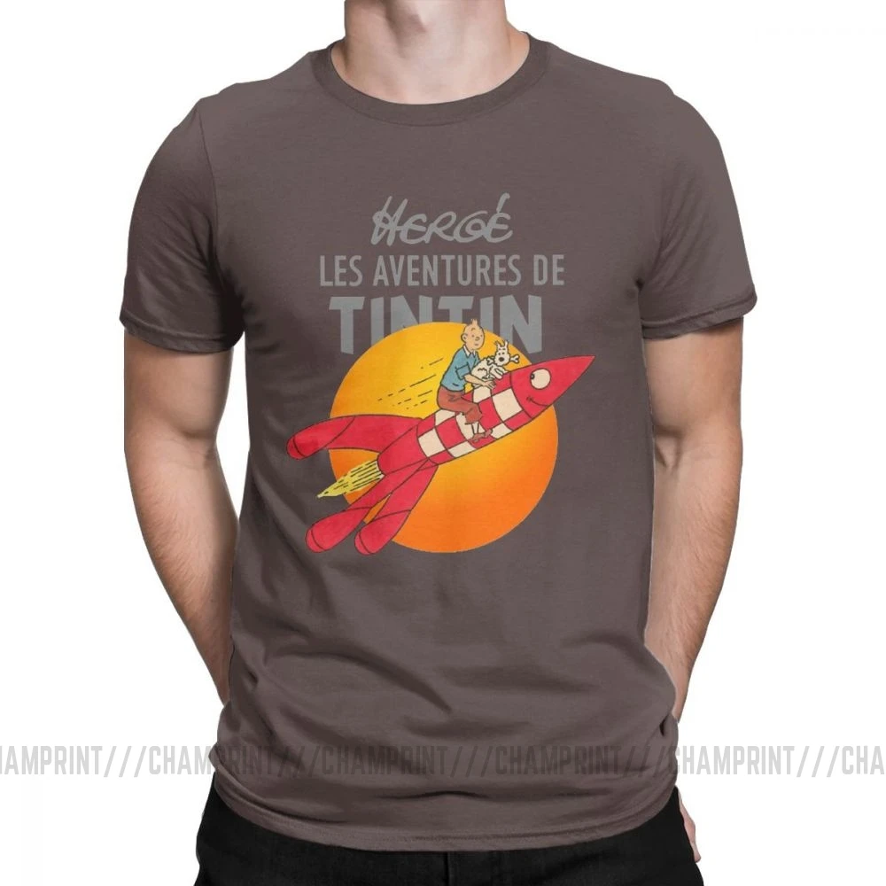 Мужские футболки TINTIN The adventures Of Tintin винтажные хлопковые футболки с коротким рукавом Одежда с вырезом лодочкой топы размера плюс - Цвет: Коричневый
